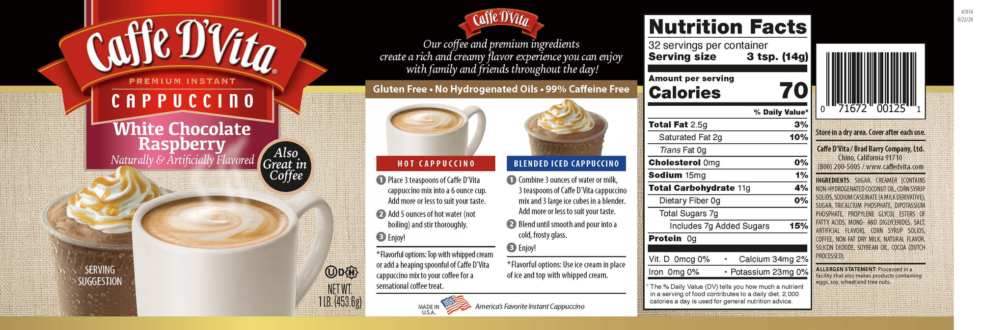 White Chocolate Raspberry Cappuccino - Case of 6 - 1 lb. cans (16 oz.) - Foodservice