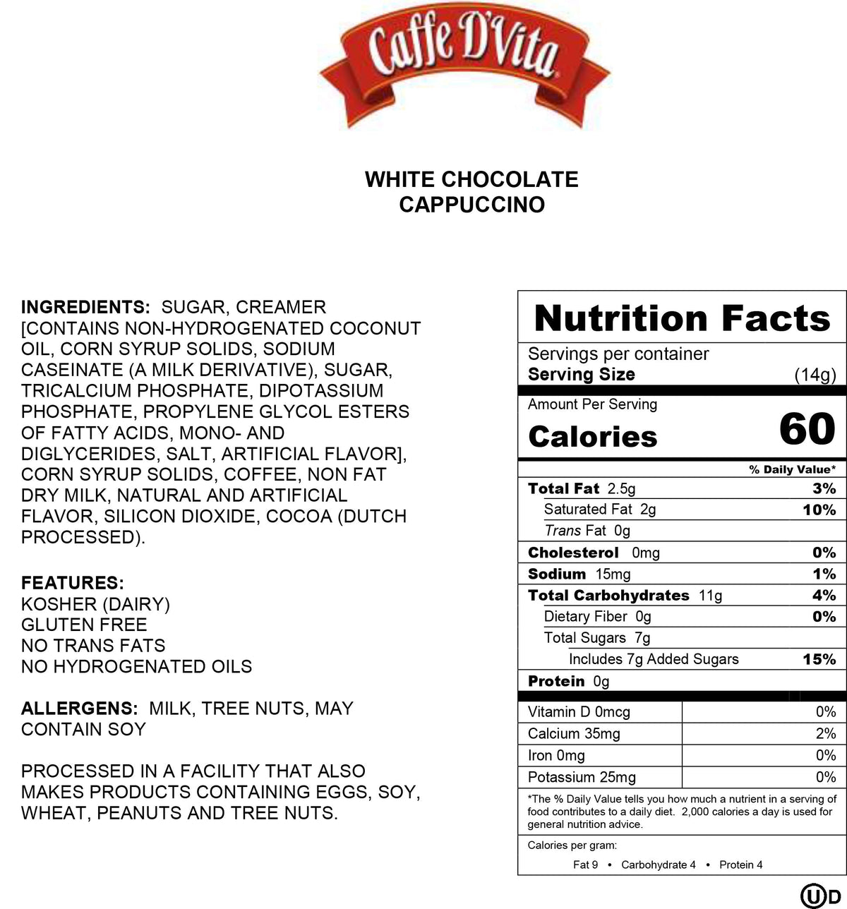3 lb. (48 oz.) can White Chocolate Cappuccino (Single Can or Case of 4 Cans) - caffedvita