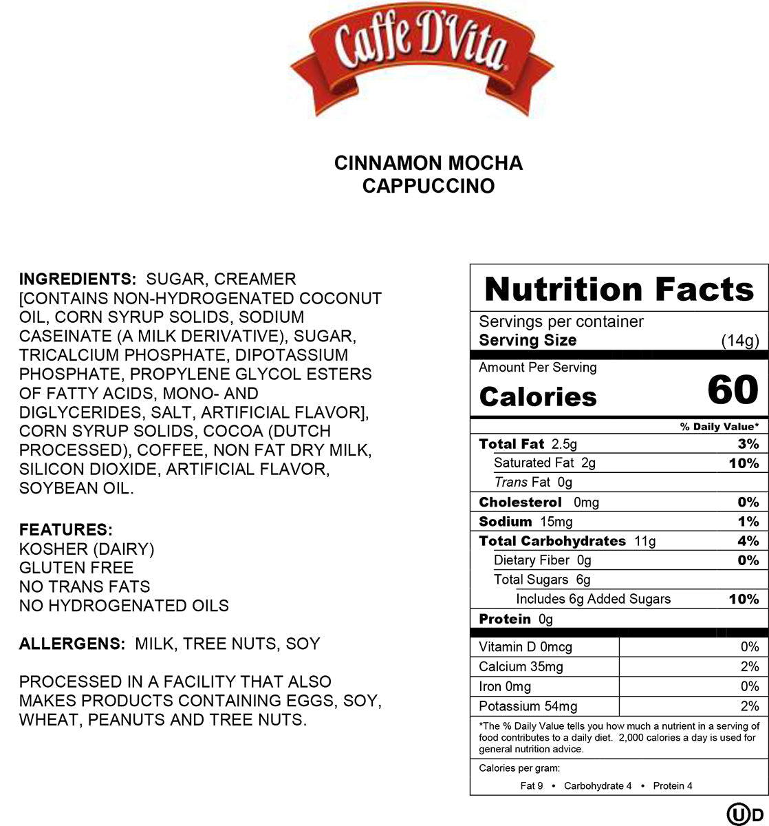 Cinnamon Mocha Cappuccino - Case of 6 - 1 lb. cans (16 oz.) - caffedvita