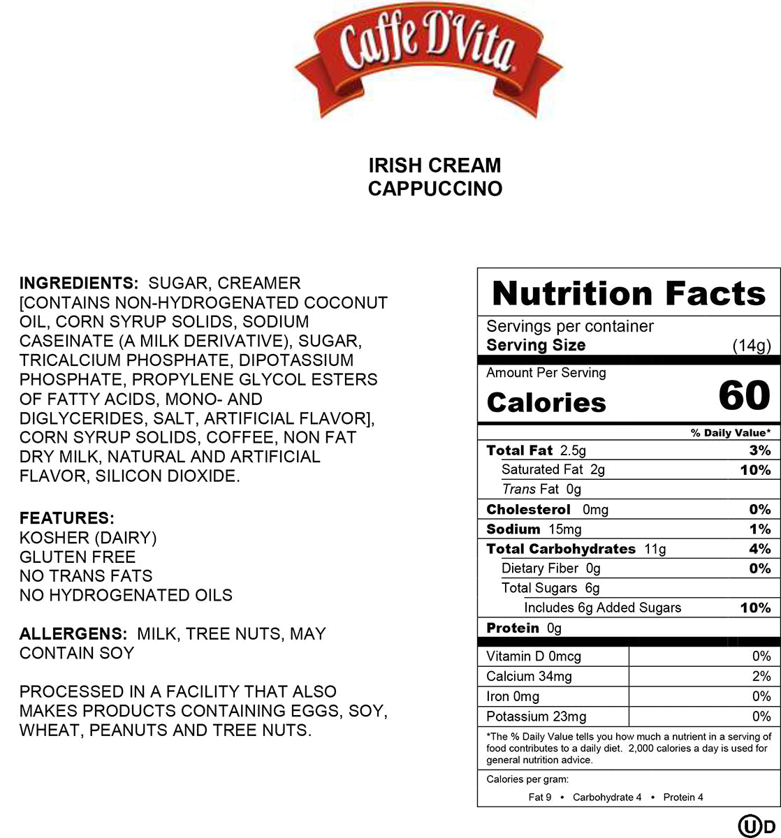 Irish Cream Cappuccino - Case of 6 - 1 lb. cans (16 oz.) - caffedvita