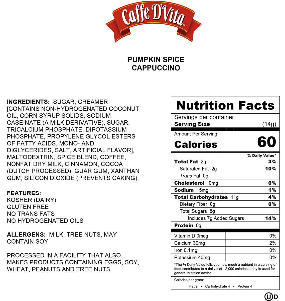 Pumpkin Spice Cappuccino - Case of 6 - 1 lb. cans (16 oz.) - caffedvita