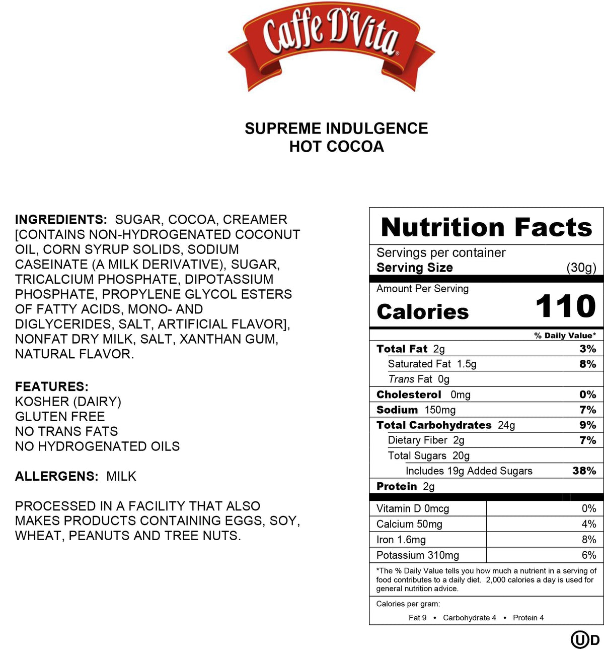 Supreme Indulgence Hot Cocoa  - Case of 6 - 1 lb. cans (16 oz.) - caffedvita