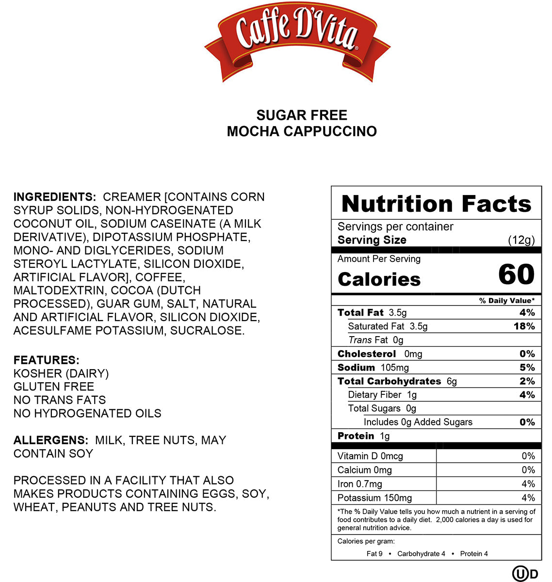 Sugar Free Mocha Cappuccino - Single Can or Case of 4 Cans - 2 lb. (32 oz.) - caffedvita